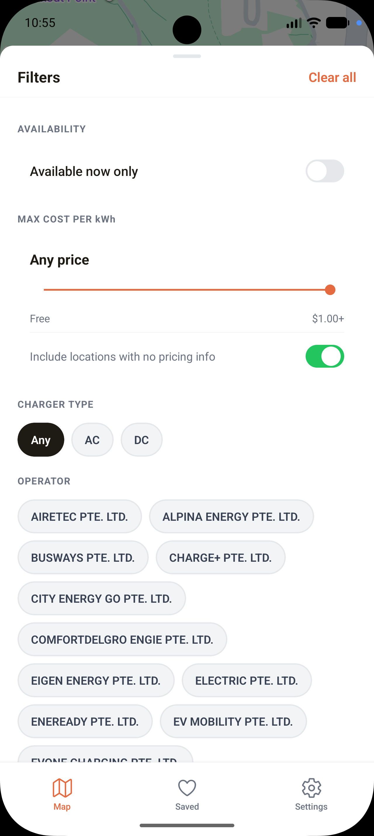 Filter sheet with AC/DC, price, and operator options