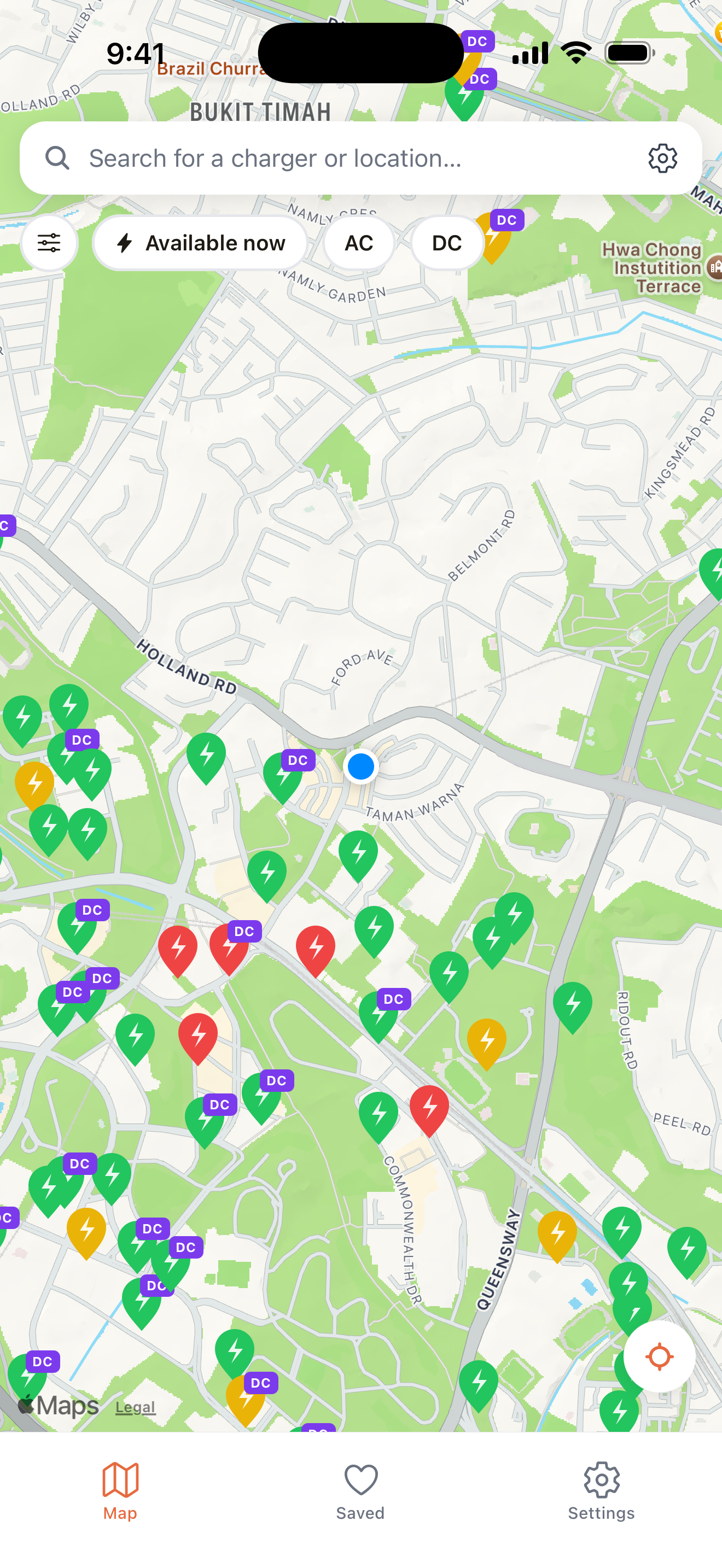 Live charger map showing pins across Singapore